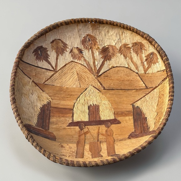 Vintage African Hand Woven Tray Bowl Wall Art Authentic Banana Leaf 15” Folk Art